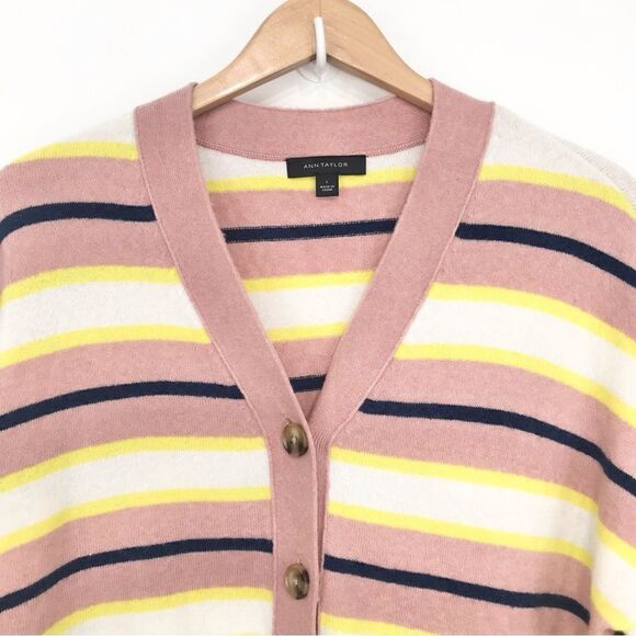 Ann Taylor Pink Navy Yellow Striped Knit Boyfriend Cardigan Sweater - Picture 6 of 16